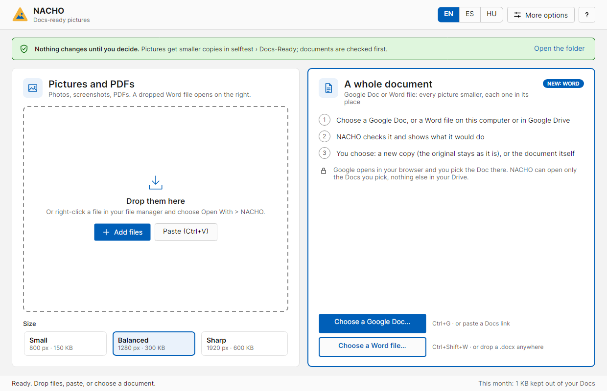 NACHO start screen: Pictures and PDFs on the left, A whole document on the right with three steps, Choose a Google Doc and Choose a Word file