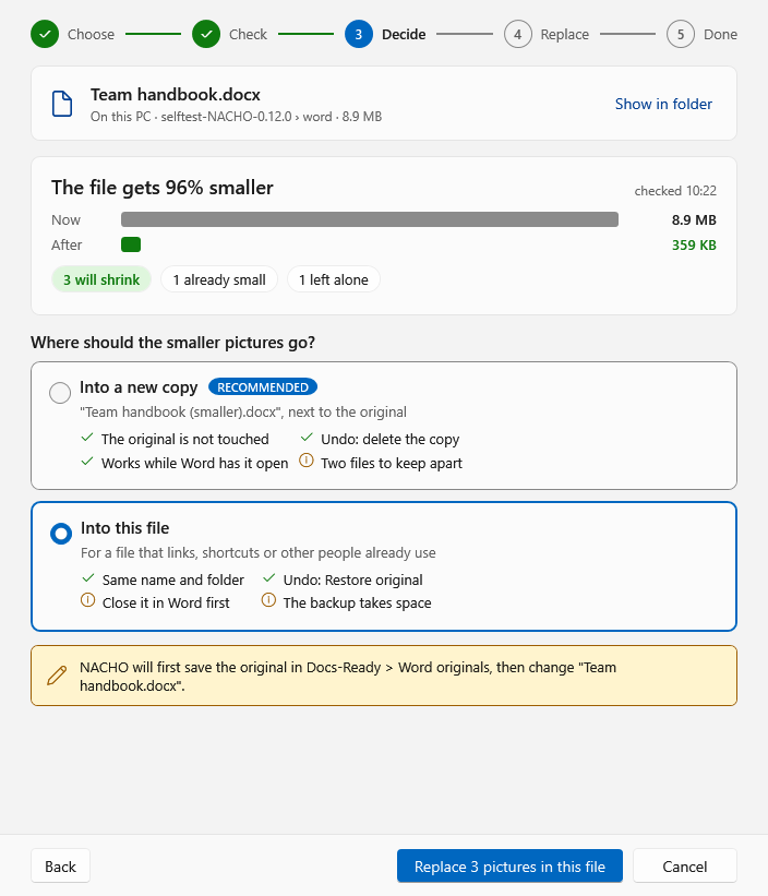 Word file, step 3: the file gets 96% smaller; Into this file selected, the original is saved first